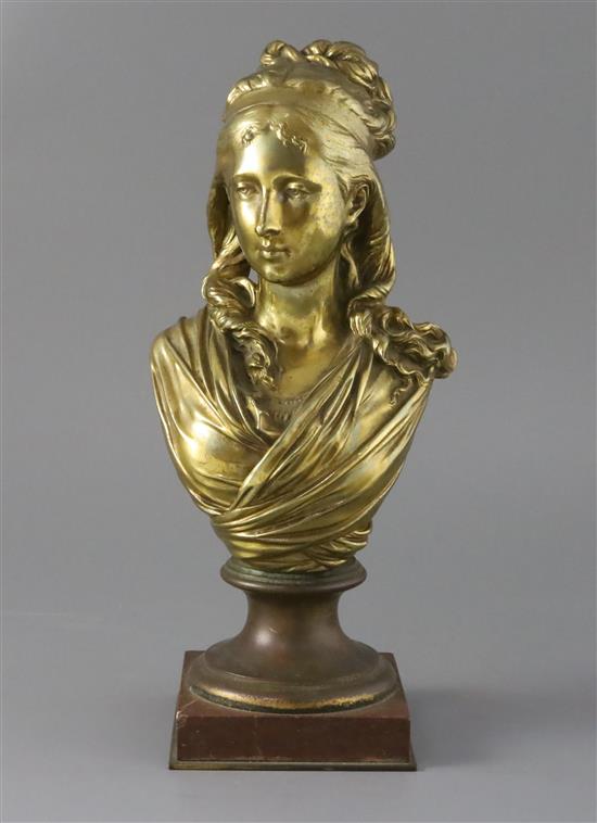 Carrier Belleuse. A late 19th century French ormolu bust of a young woman, height 11.75in.